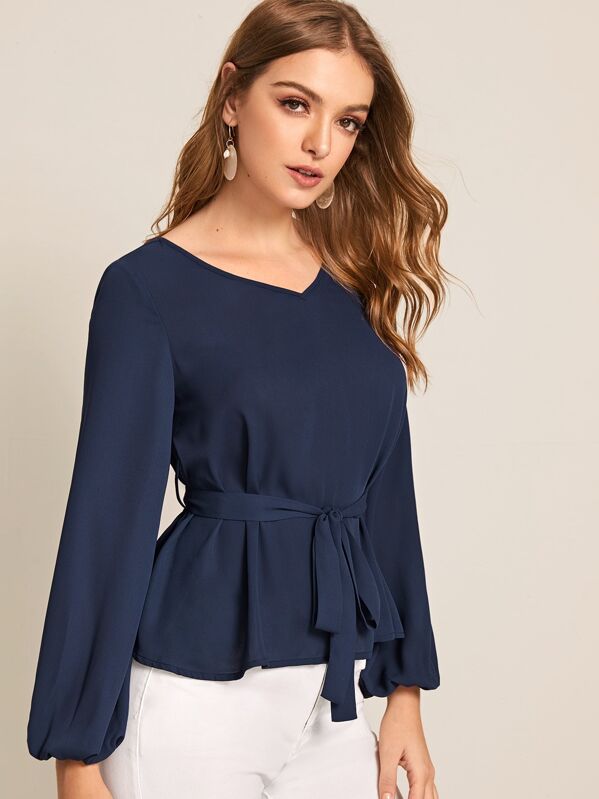 

V-neck Lantern Sleeve Self Belted Solid Top, Navy, Luiza