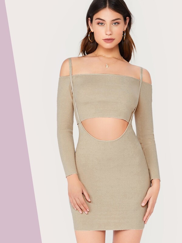 

Off Shoulder Knit Crop Top & Pinafore Skirt Set, Khaki, Carmen S