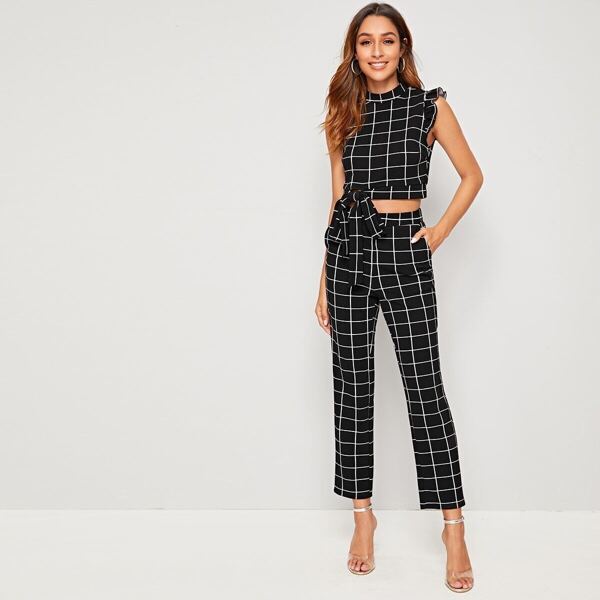 

Grid Frill Trim Tie Front Top & Pants Set