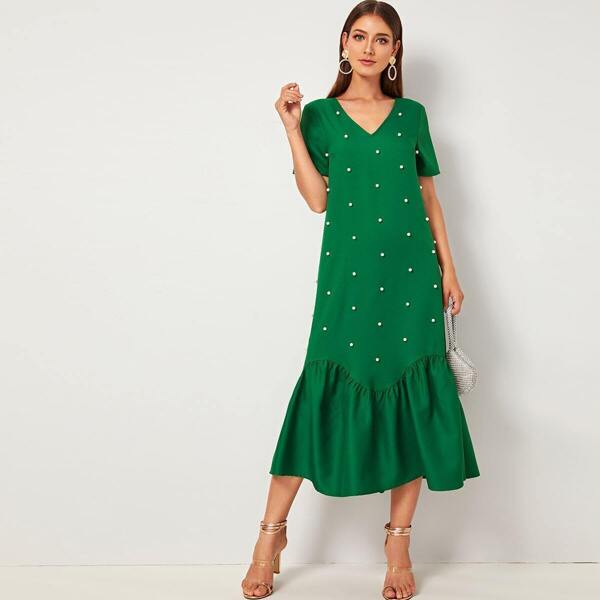 

Pearl Beaded Ruffle Hem Dress, Green bright