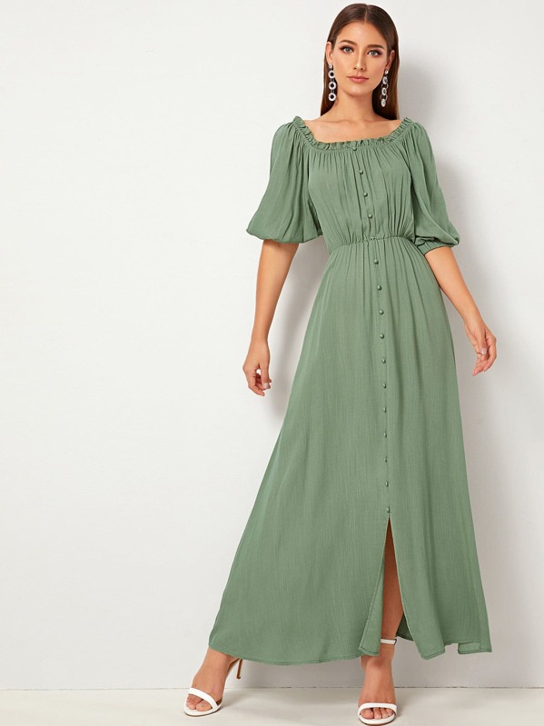 

Puff Sleeve Frill Trim Button Front Split Dress, Green, Debi Cruz