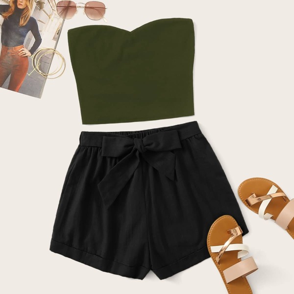 

Solid Tube Top & Self Belted Shorts Set, Multicolor