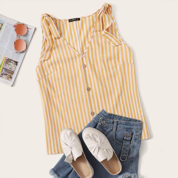 

Plus Tie Shoulder Button Detail Striped Top, Yellow