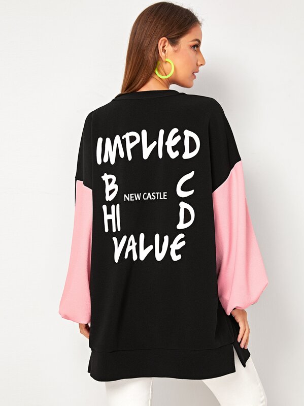 

Letter Graphic Lantern Sleeve Colorblock Pullover, Black, Debi Cruz