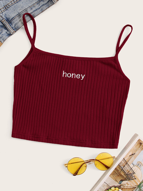 

Embroidery Detail Rib-knit Cami Top, Burgundy