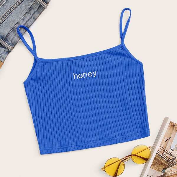 

Letter Embroidered Rib-knit Cami Top, Blue bright
