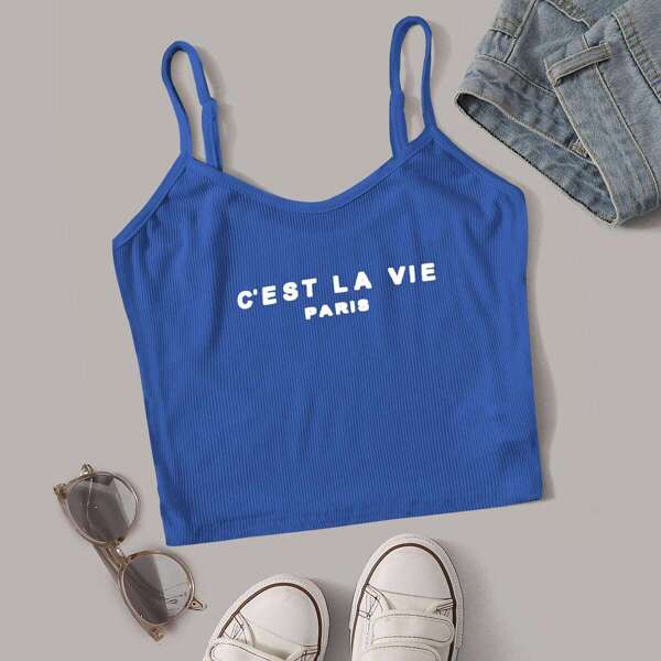 

Letter Rib-knit Cami Top, Blue