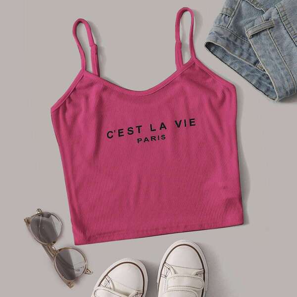 

Letter Graphic Rib-knit Cami Top, Pink