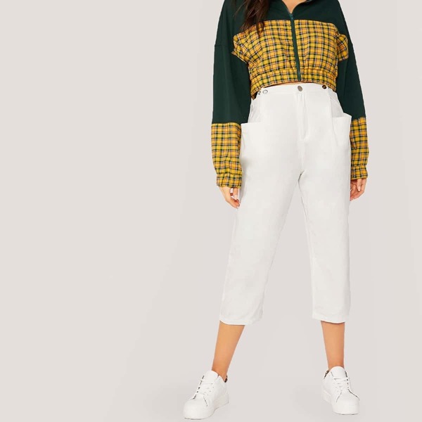 

Elastic Waist Straight Leg Twill Pants, White