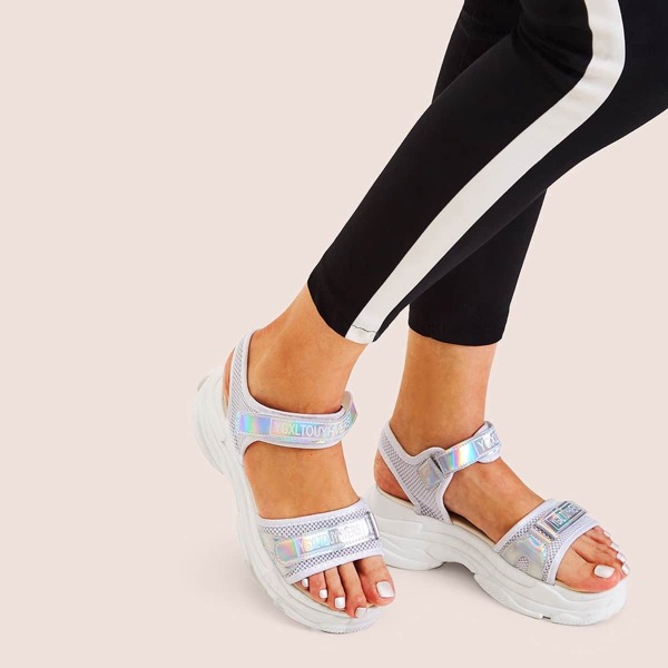 

Iridescent Letter Print Velcro Strap Sandals
