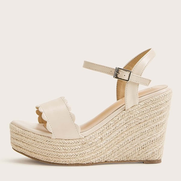 

Scalloped Trim Buckle Strap Espadrille Wedges