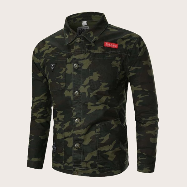 

Men Camo Print Pocket Front Denim Jacket