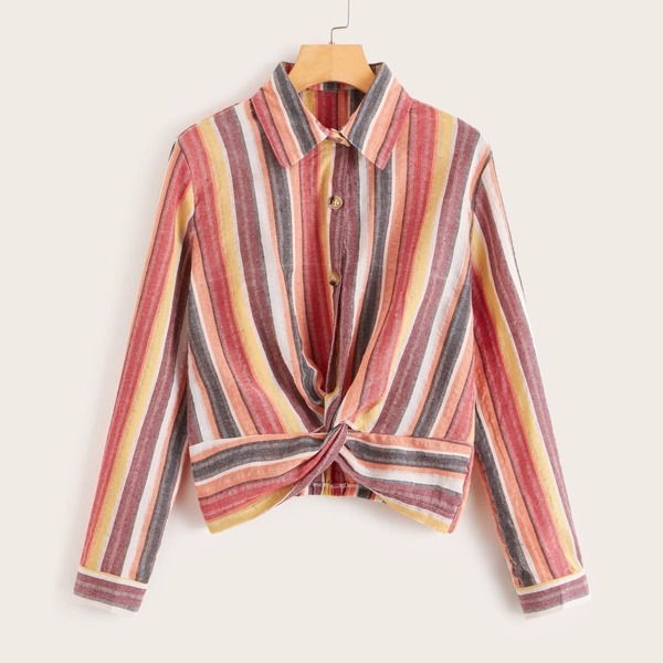 

Multi-striped Twist Hem Blouse, Multicolor
