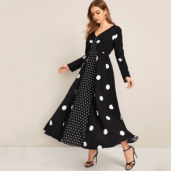 

Polka Dot V-neck Flare Hem Dress