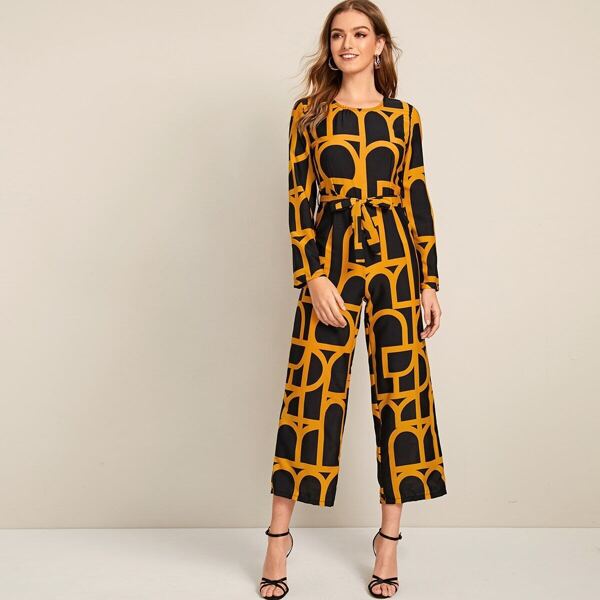 

Geo Print Wide Leg Self Tie Jumpsuit, Yellow