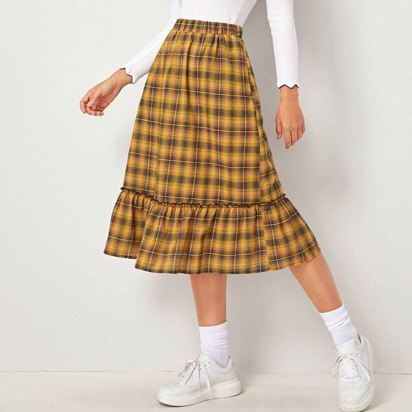 

Plaid Ruffle Hem Midi Skirt