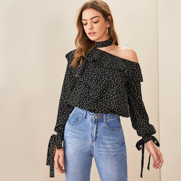 

Polka Dot Ruffle Trim Asymmetrical Neck Blouse