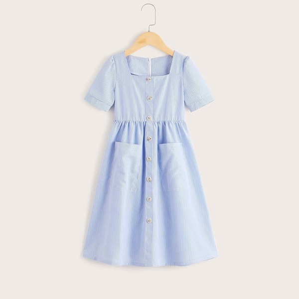 

Toddler Girls Button Through Pocket Side Stripe Dress