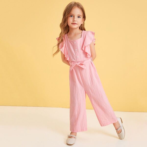 

Toddler Girls Ruffle Trim Belted Jumpsuit, Pink