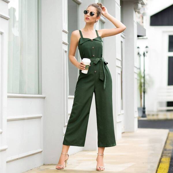 Button Front Self Tie Cami Jumpsuit, Army green