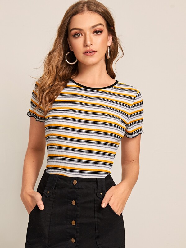 

Ribbed Multi-Stripe Lettuce Trim Tee, Multicolor, Luiza