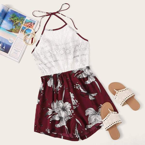 

Contrast Lace Tie Halter Floral Print Romper