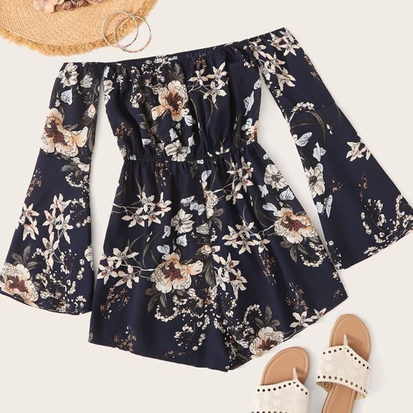 

Off The Shoulder Bell Sleeve Floral Print Romper