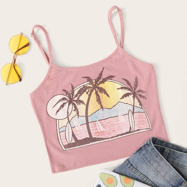 

Tropical Print Ribbed Cami Top