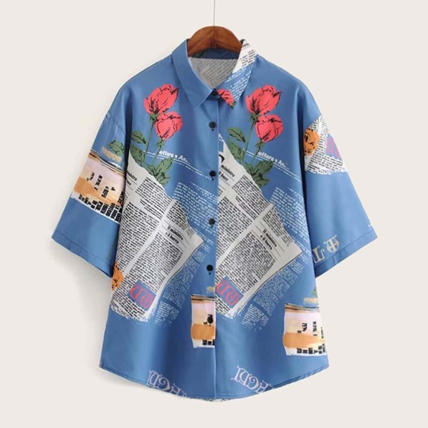 

Floral And Graphic Print Curved Hem Blouse