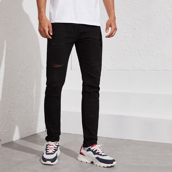 

Men Solid Ripped Straight Leg Jeans, Black