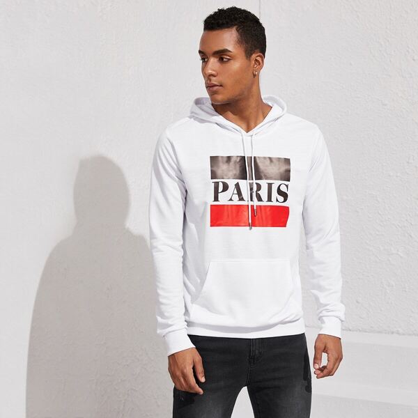 

Men Letter Print Drawstring Hooded Sweatshirt