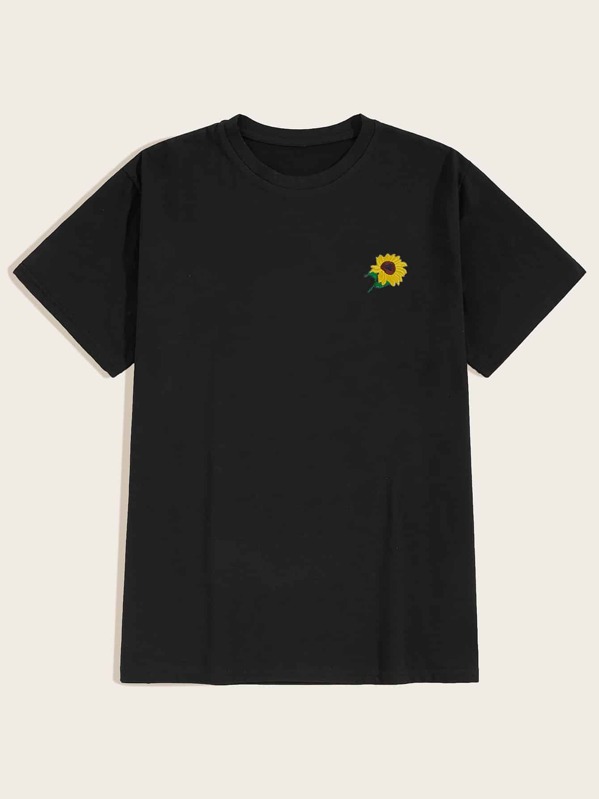 

Men Sunflower Embroidery Short Sleeve Tee, Black