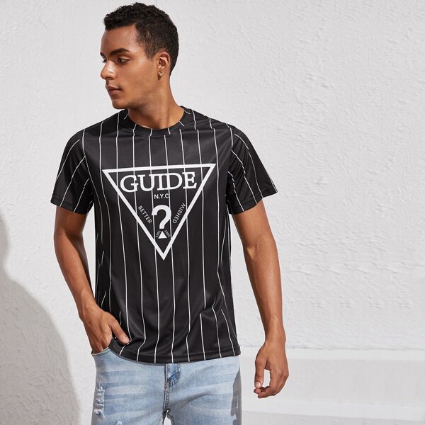 

Men Letter & Stripe Print Short Sleeve Tee, Black