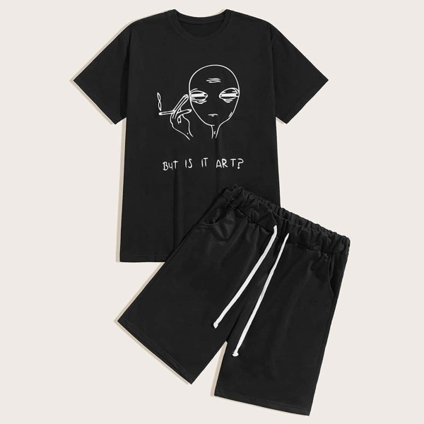 

Men Alien Print Tee With Drawstring Waist Shorts