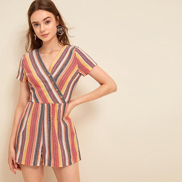 

Surplice Button Front Colorful Striped V-neck Romper