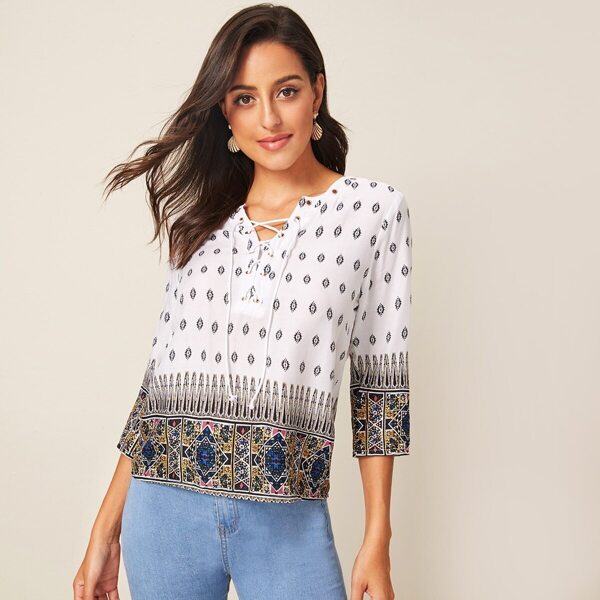 

Tribal Print Lace-up Neck Blouse