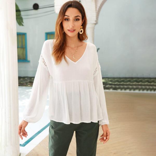

V-neck Lace Panel Smock Blouse, White