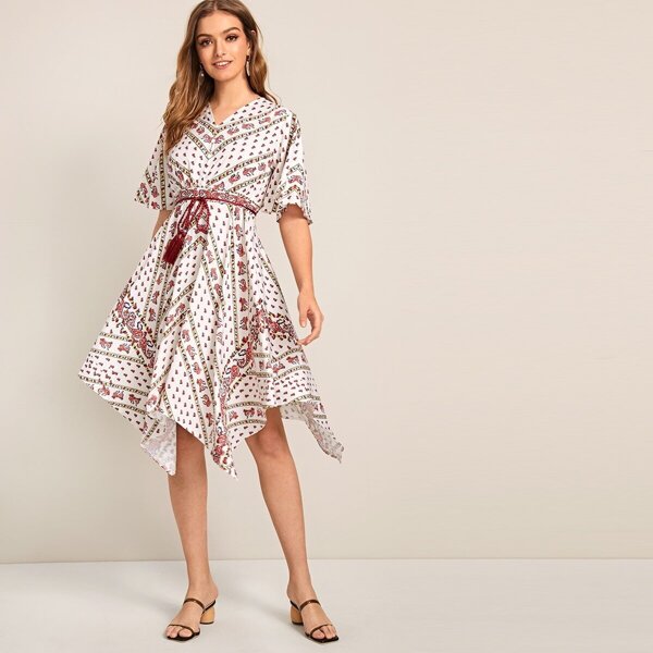 

Tribal Print Hanky Hem Belted Dress