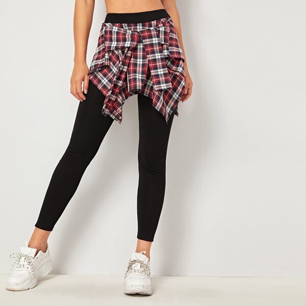 

Tartan Plaid Panel Tie Front 2 In 1 Pants, Black