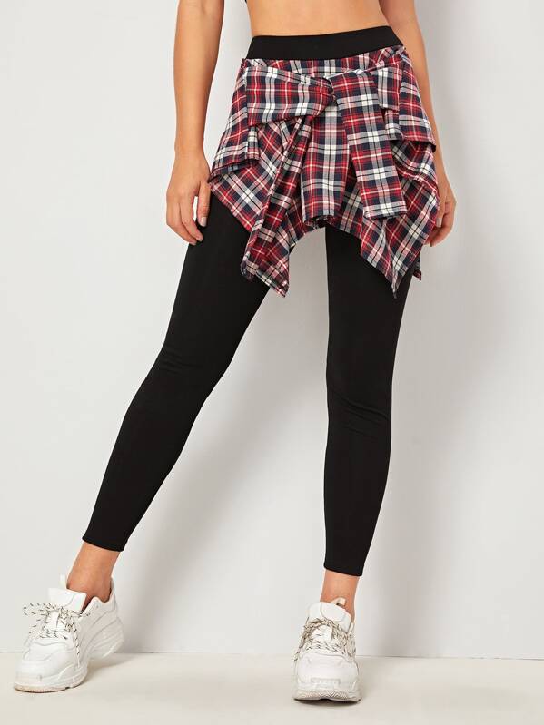 

Tartan Plaid Panel Tie Front 2 In 1 Pants, Black, Debi