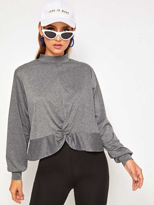 

Twist Hem Mock Neck Solid Tee, Grey, Debi