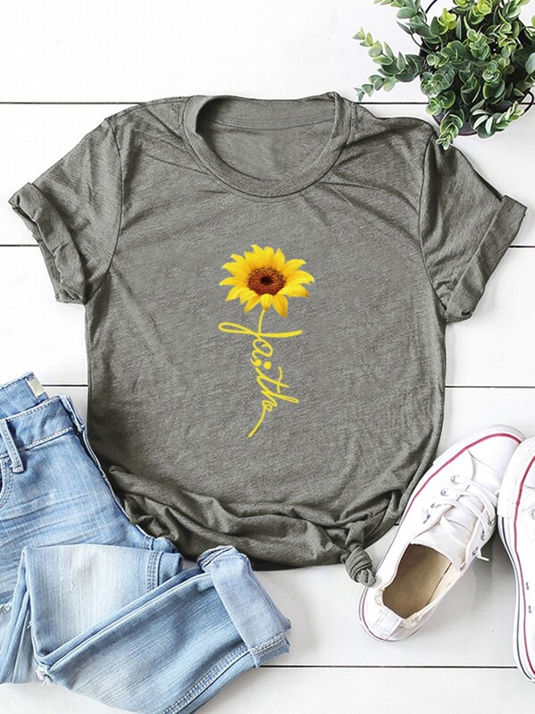 

Sunflower Print Short Sleeve Tee, Grey