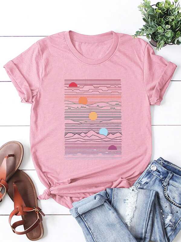 

Landscape Print Short Sleeve Tee, Pink