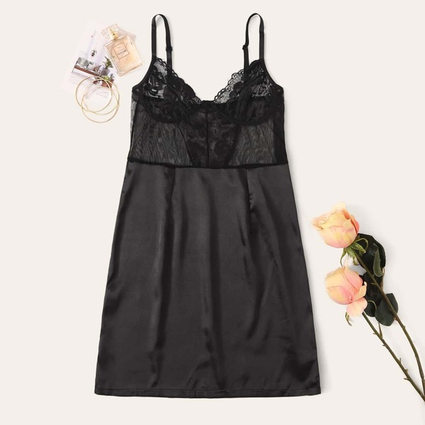 

Floral Lace Mesh Insert Satin Cami Dress