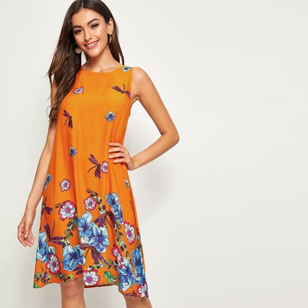 

Dragonfly & Floral Print Trapeze Dress