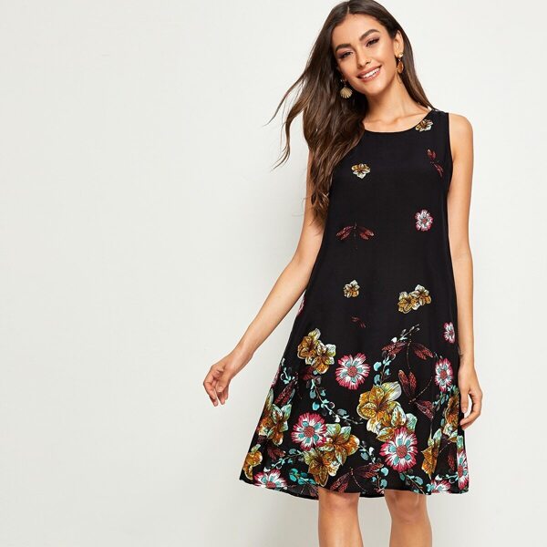 

Dragonfly & Floral Print Trapeze Dress