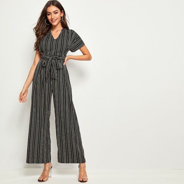 

Striped Print Belted Wide Leg Jumpsuit, Black