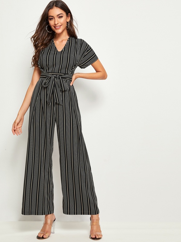 

Striped Print Belted Wide Leg Jumpsuit, Black, Carol A