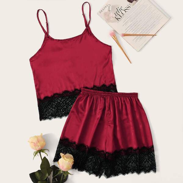 

Contrast Lace Satin Cami PJ Set