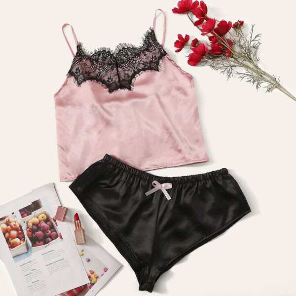 Eyelash Lace Satin Cami With Shorts
